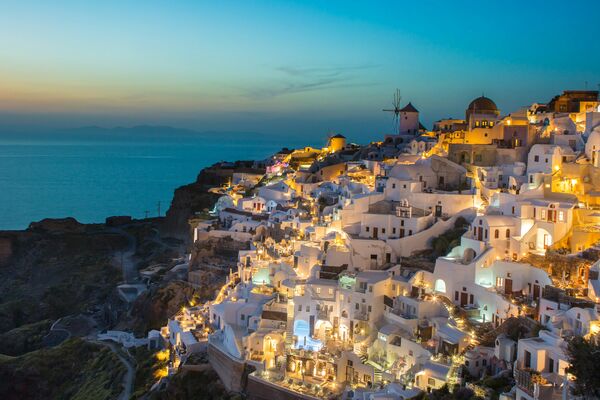 Night-time view of the coastline in Greece