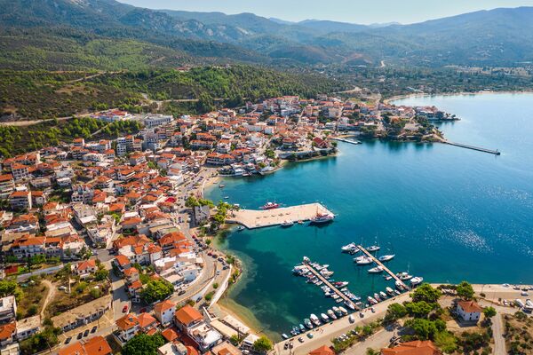 Drone view of Neos Marmaras village on Sithonia peninsula of Halkidiki. Greece